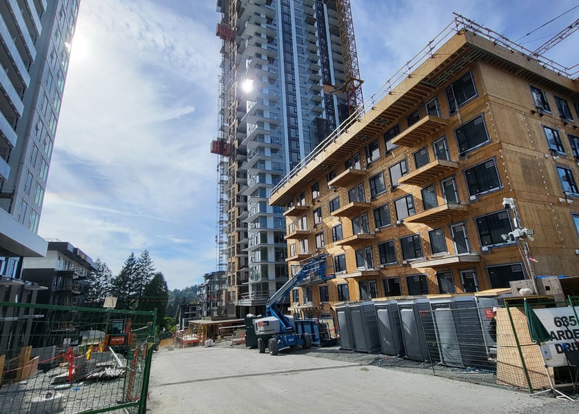 Mass timber high-rise construction with tower crane, Coquitlam BC