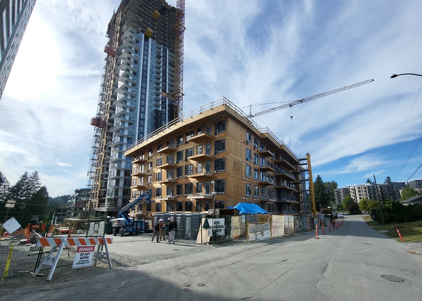 Concrete core and mass timber structure of high-rise building